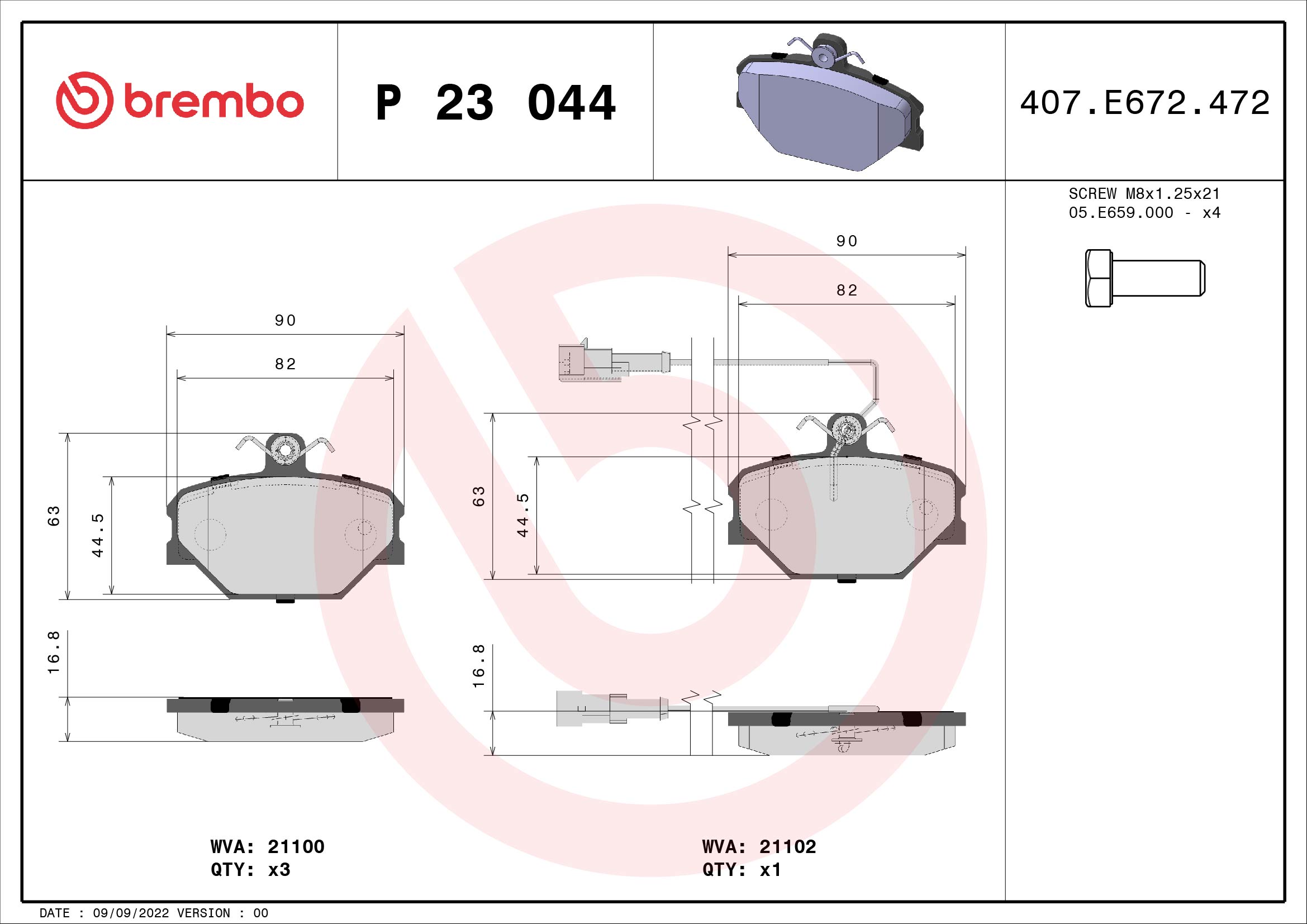A.B.S. P 23 044 BREMBO Bremsbelagsatz, Scheibenbremse